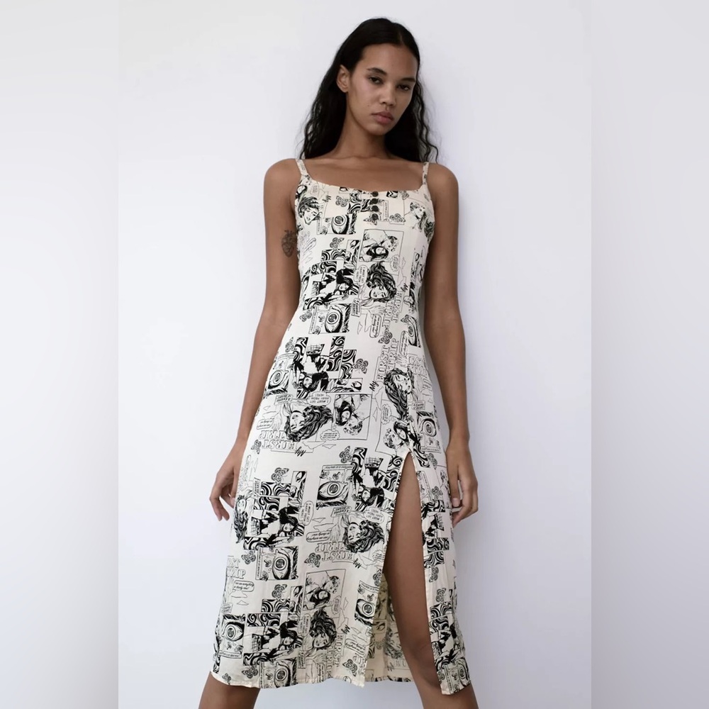 Urban Outfitters Cream Midi Dress with Black Graphic Print